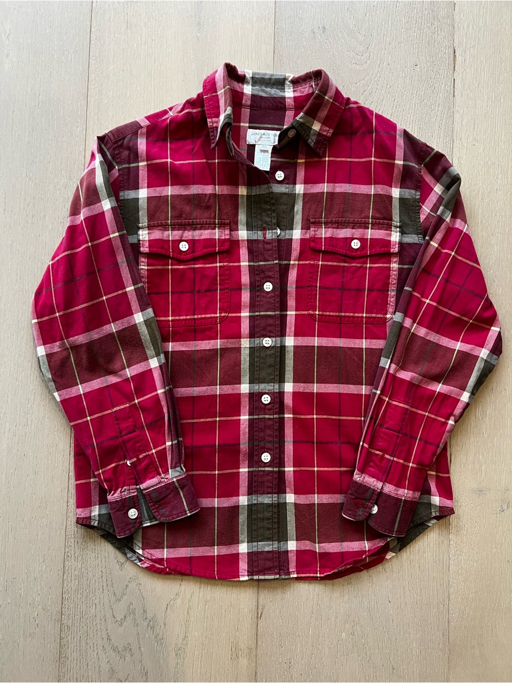 Jones New York Petite Small Red Plaid 100% Cotton Button Down Shirt